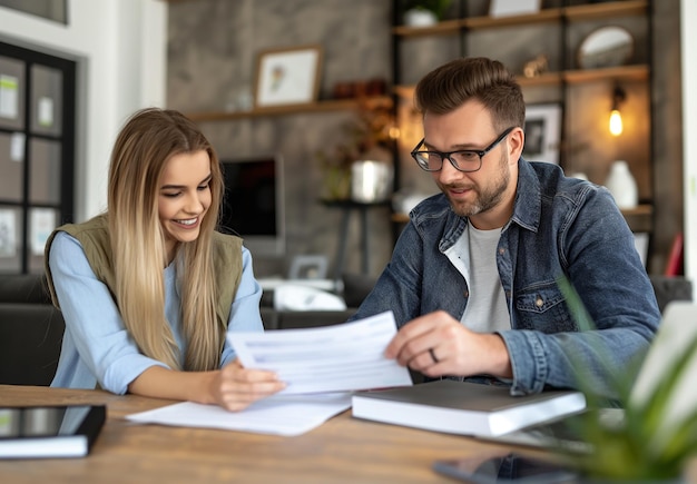 A young male real estate agent and his female customer looking over the contract in an office