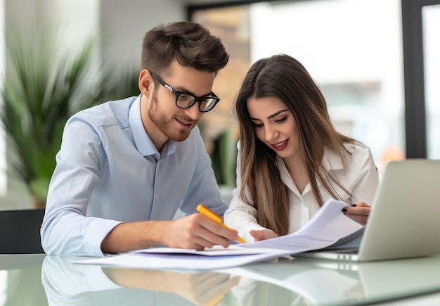 A young male real estate agent and his female customer looking over the contract in an office