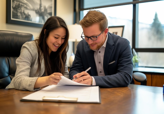 A young male real estate agent and his female customer looking over the contract in an office