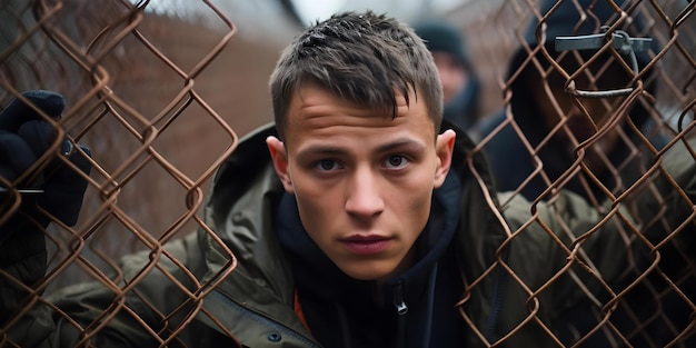 Photo young male refugees at german border fence seeking immigration and asylum concept refugee crisis immigration issues asylum seekers global migration humanitarian aid