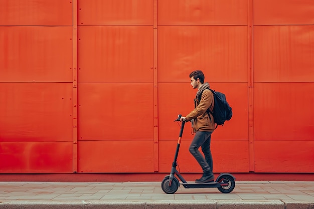 Young male riding an electric scooter to work home traveling