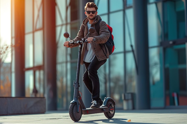 Young male riding an electric scooter to work home traveling