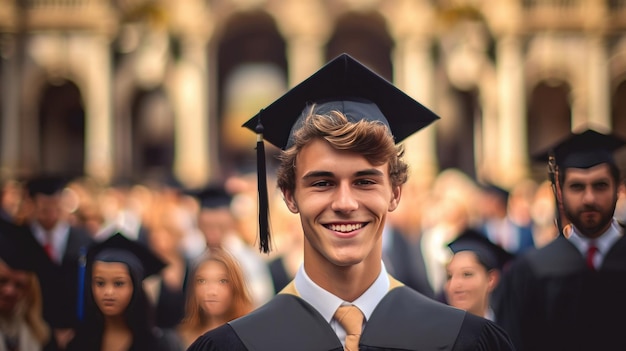 A young male smiling graduate against the background of university graduates Generative Ai