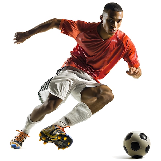 A young male soccer player in midstride kicks the ball towards the goal