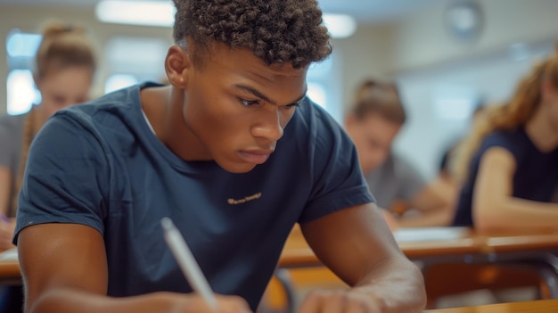 Photo a young male student with glasses engrossed in writing during a classroom exam