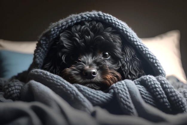 A young Maltipoo dog under a blanket The pet is basking under the plaid Generative AI