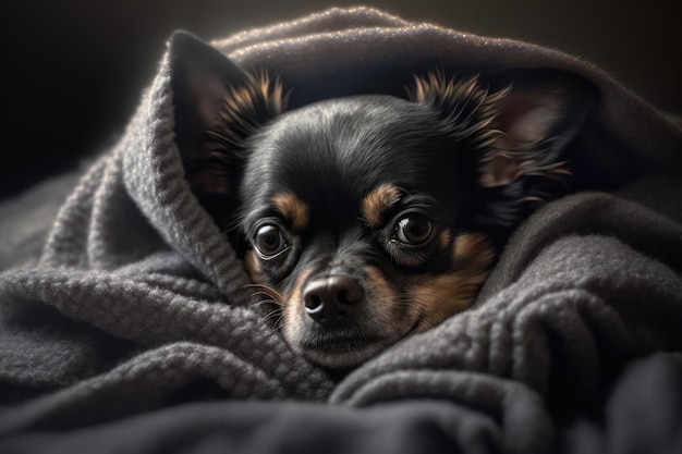 A young Maltipoo dog under a blanket The pet is basking under the plaid Generative AI