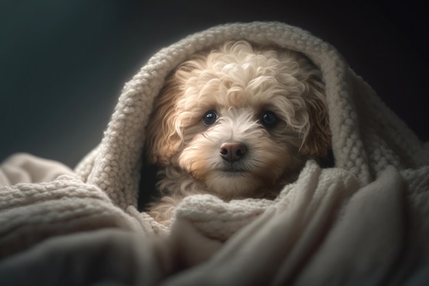 A young Maltipoo dog under a blanket The pet is basking under the plaid Generative AI