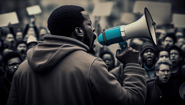 Young man african american shouting into a megaphone during a protest generative ai