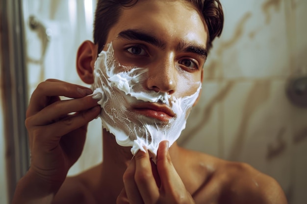 Young man applying shaving cream in bathroom at home