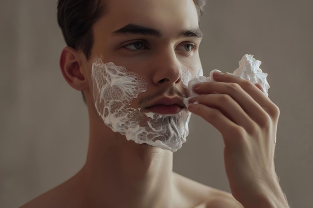 Young man applying shaving cream on face