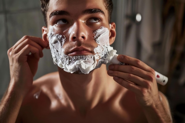 Young man applying shaving cream to his face in bathroom at home