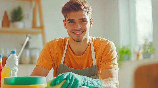 Photo a young man in an apron and gloves is cleaning floor at house