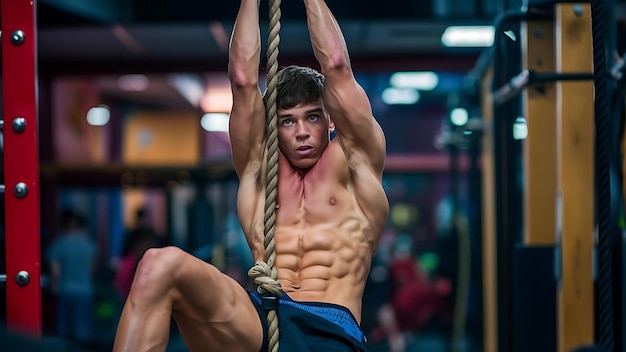 Young man and athlete doing exercise with the ropes in gym