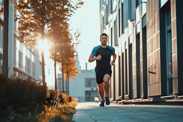 Young man athlete jogging in the city doing cardio outdoor