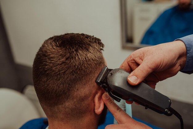 Young Man in Barbershop Hair Care Service Concept Selective focus High quality photo