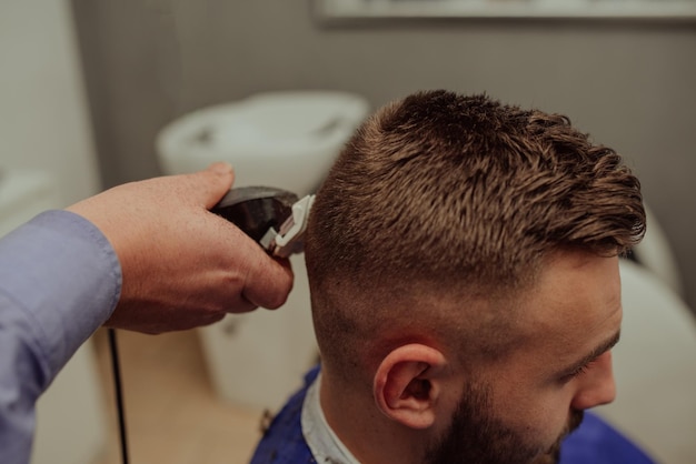 Young Man in Barbershop Hair Care Service Concept Selective focus High quality photo