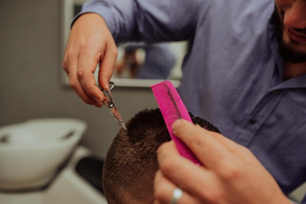 Young Man in Barbershop Hair Care Service Concept Selective focus High quality photo