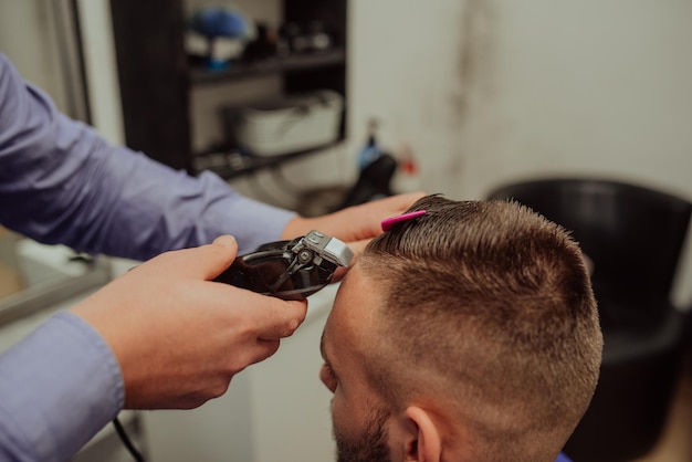 Young Man in Barbershop Hair Care Service Concept Selective focus High quality photo