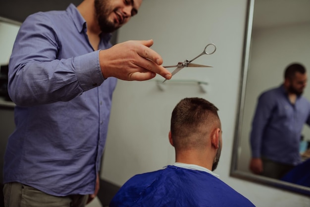 Young Man in Barbershop Hair Care Service Concept Selective focus High quality photo