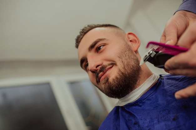 Young Man in Barbershop Hair Care Service Concept