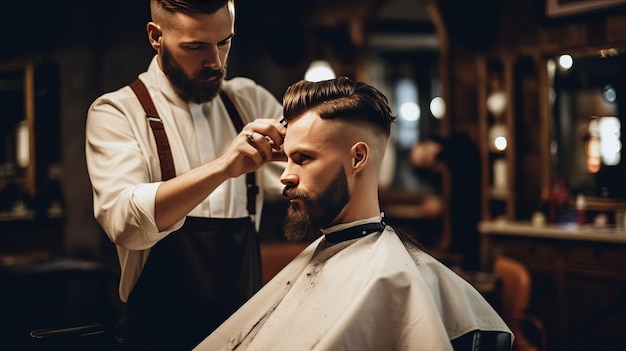 Young man at barbershop trimming hair