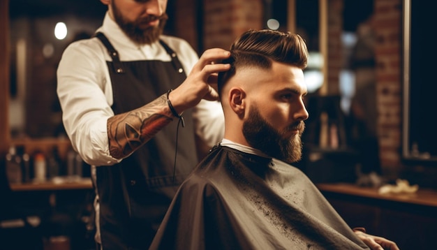 Young man at barbershop trimming and shaving