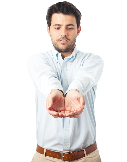 Young man beggin on a white background