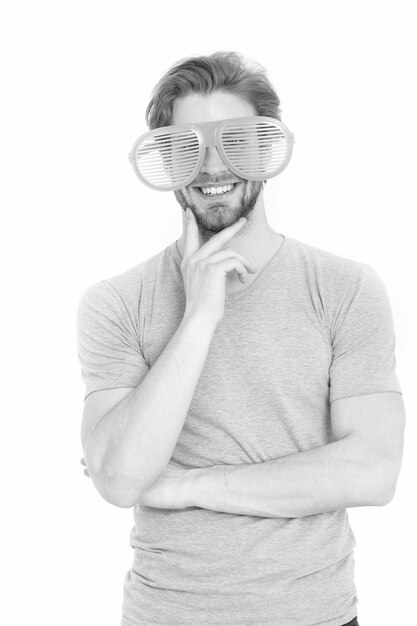 Young man in big glasses isolated on white