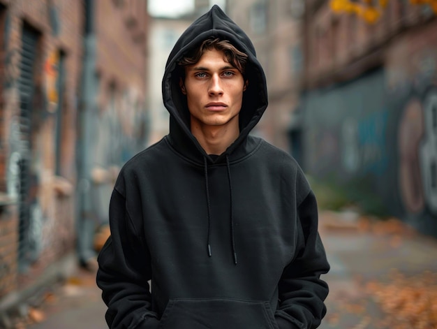 Young Man in Black Hoodie Standing in Urban Alley