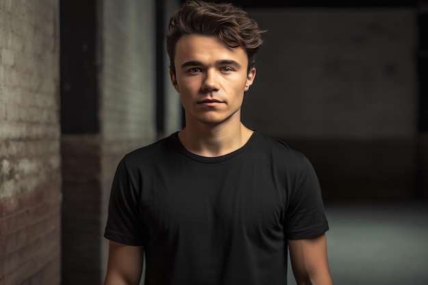 A young man in a black t - shirt stands in front of a dark background.