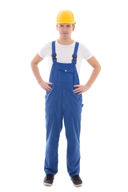 Young man in blue builder uniform isolated on white background