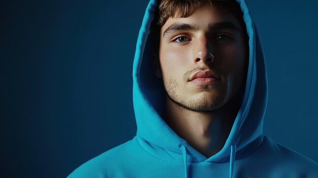 Young man in a blue hoodie poses against a dark blue background highlighting his serious expression during a studio shoot