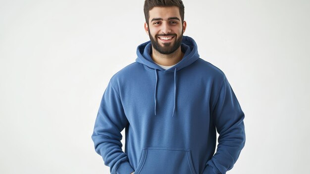 Photo young man in a blue hoodie smiling warmly against a plain white background during the day