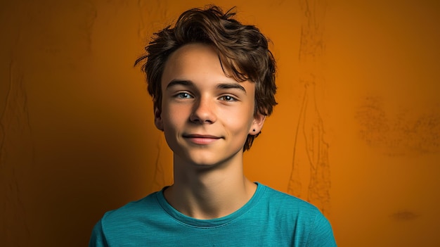 A young man in a blue shirt stands in front of an orange wall.