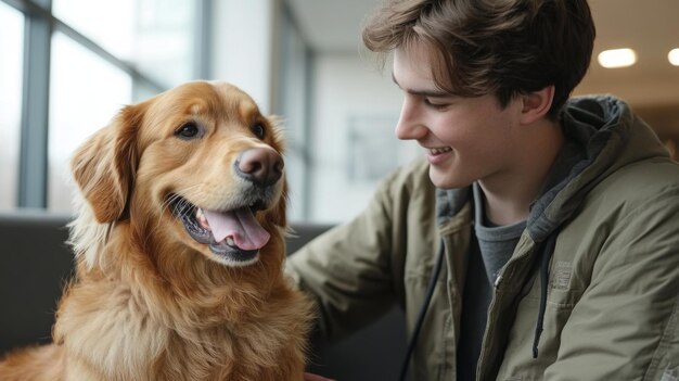 Photo young man bonding with golden retriever