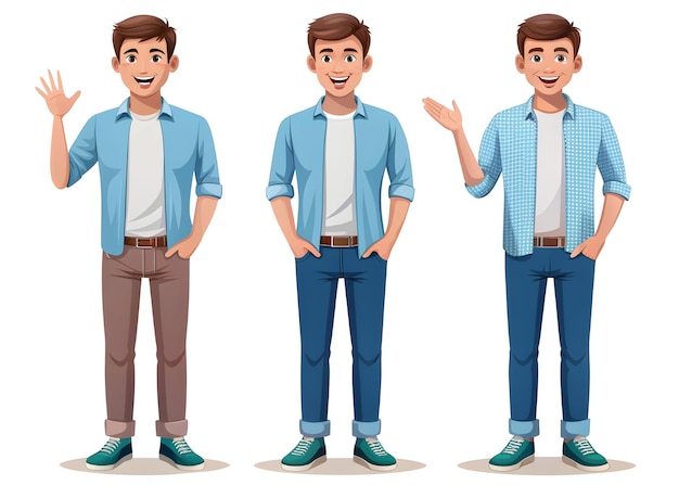 Young man boy in casual clothes standing with different gestures set