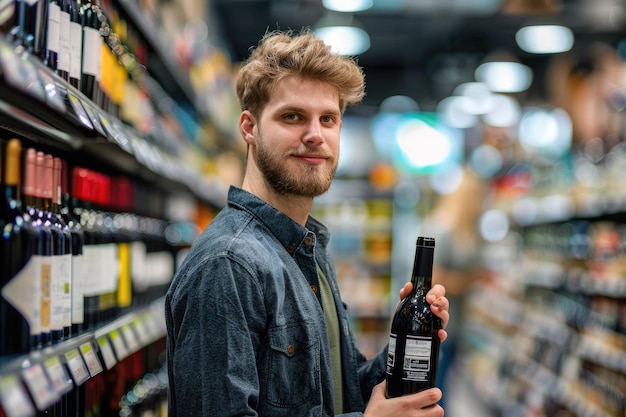 Young man in a bright colorful supermarket by the wine section holding a bottle of wine