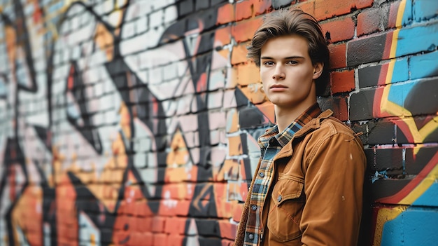 Photo young man in brown jacket leans against graffiti wall