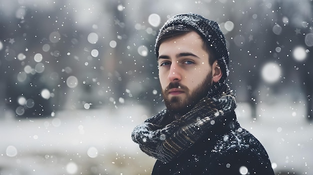 Young man bundled up in winter clothes looking away from the camera as snow falls around him