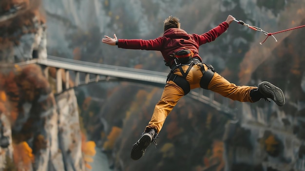 Photo a young man bungee jumps from a bridge he is wearing a red jacket and yellow pants the bridge is in the background the man is surrounded by trees