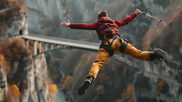 Photo a young man bungee jumps from a bridge he is wearing a red jacket and yellow pants the bridge is in the background the man is surrounded by trees