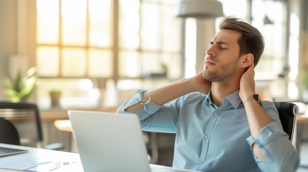 Photo young man in business casual attire sitting at a desk working on a laptop and experiencing neck pain likely due to poor posture or prolonged sitting