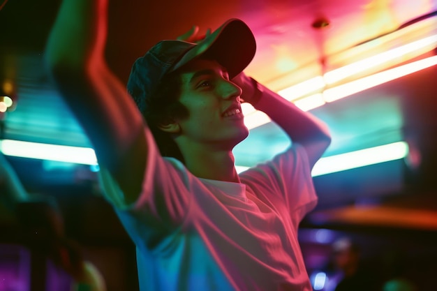 Photo a young man in a cap enjoys dancing under colorful lights embodying the spirited and carefree vibe of a lively nightclub