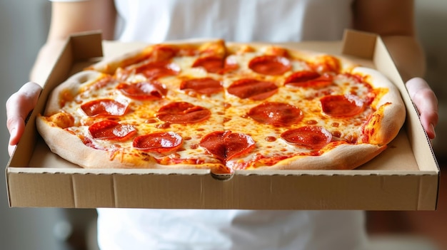 Young man in casual clothes holding an italian pizza in a cardboard flat box with space for text