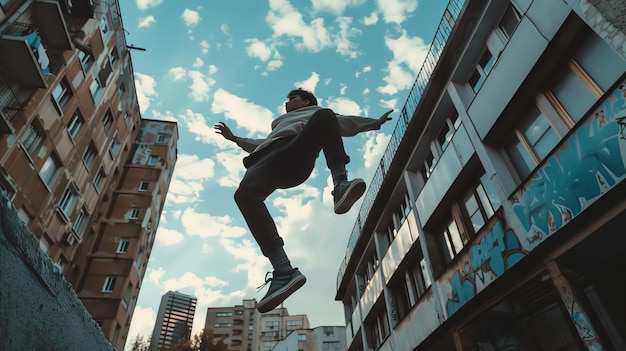 A young man in casual clothes leaps through the air with a building and blue sky in the background