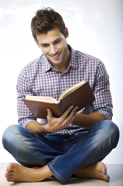 Young man in casual clothing sitting on a comfortable couch absorbed in reading a book with a peacef