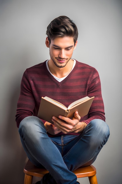 Young man in casual clothing sitting on a comfortable couch absorbed in reading a book with a peacef