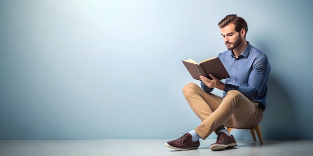 Young man in casual clothing sitting on a comfortable couch absorbed in reading a book with a peacef