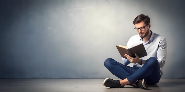 Young man in casual clothing sitting on a comfortable couch absorbed in reading a book with a peacef